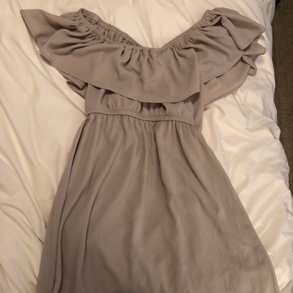 Taupe colored off the shoulder dress